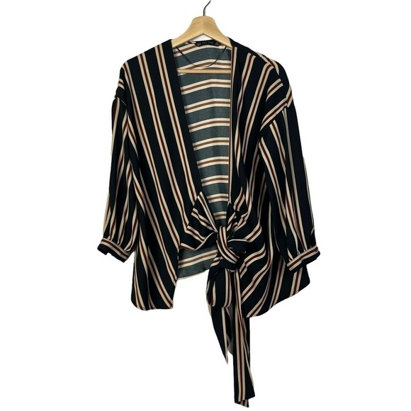 Zara Black & Red Stripe Wrap Around Tie Front Long Sleeve Blouse XS - Picture 1 of 6